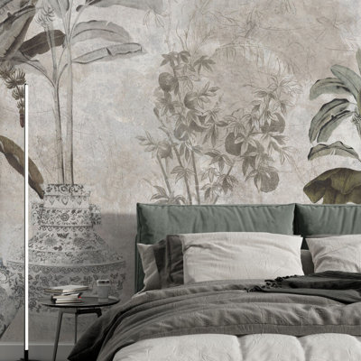 Papier peint botanique tropical rétro avec feuilles de bananier, oiseaux et fond de béton texturé