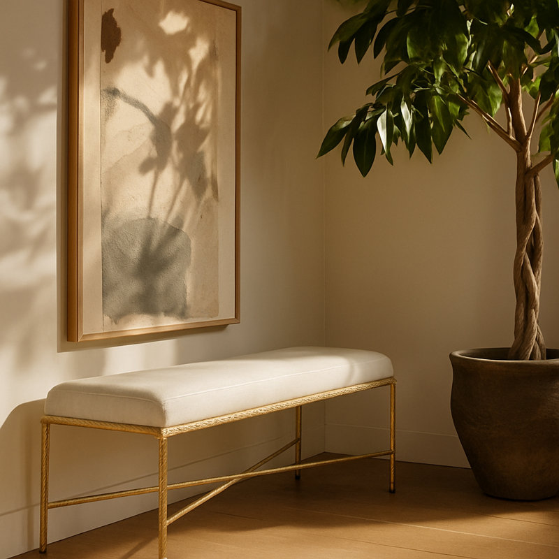 Banc en tissu Iyania Chenille, Tissu chenille crème, Doré