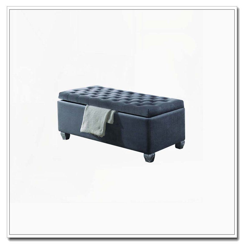 Gray Velvet Storage Bench with Button Tufting