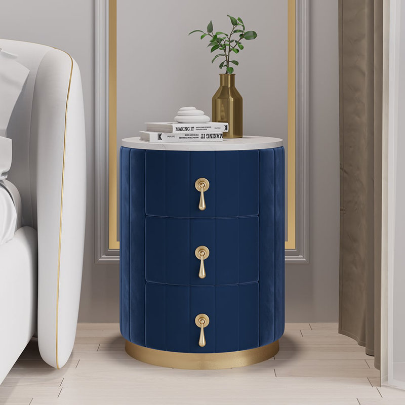 Round Velvet Bedside Table, Sintered Stone Top 3-Drawer Bedside Cabinet, Modern Bedside Drawer, Blue