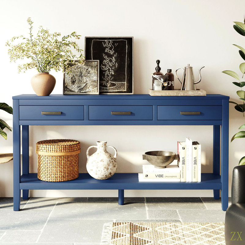 62.2'' Farmhouse Entryway Table With 3 Drawers, Painted Console Table With Bottom Shelf & Iron Handles, Minimalist Sofa Table For Living Room, Hallway, Kitchen, Bedroom, Office