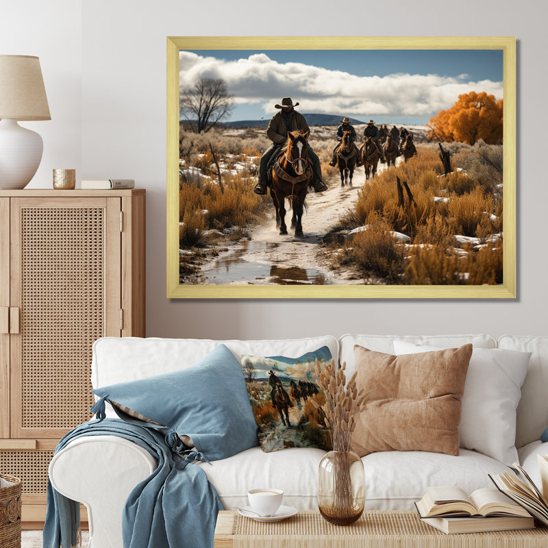 «Western Cattle Drive Memories» sur toile, H 30 po x l 40 po x P 1,5 po, Cadre doré à une seule photo