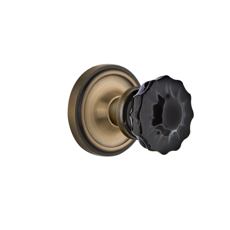 Classic Rosette with Crystal Black Door Knob, Antique Brass