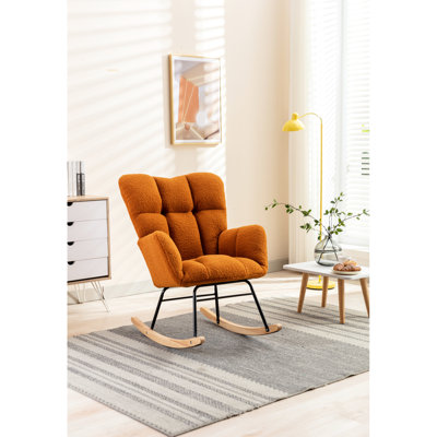 Chaise berçante berçante berçante en tissu, rembourrage en mousse, structure en bois d'eucalyptus et base en métal noir pour le salon de la chambre à coucher, capacité de 250 lb, dossier solide à installation simple