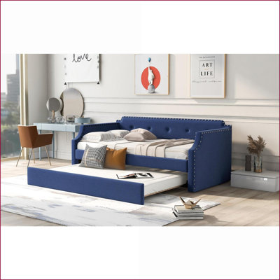 Twin Size Upholstered Daybed with Trundle - Pine &amp; Engineered Wood Frame, No Box Spring Needed, Blue for Guest Rooms