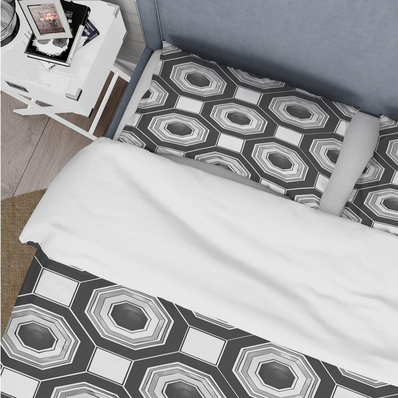 Ensemble de housse de couette noir et blanc Hexagon IV - Mid-Century, Housse de couette pour grand lit + 2 taies décora