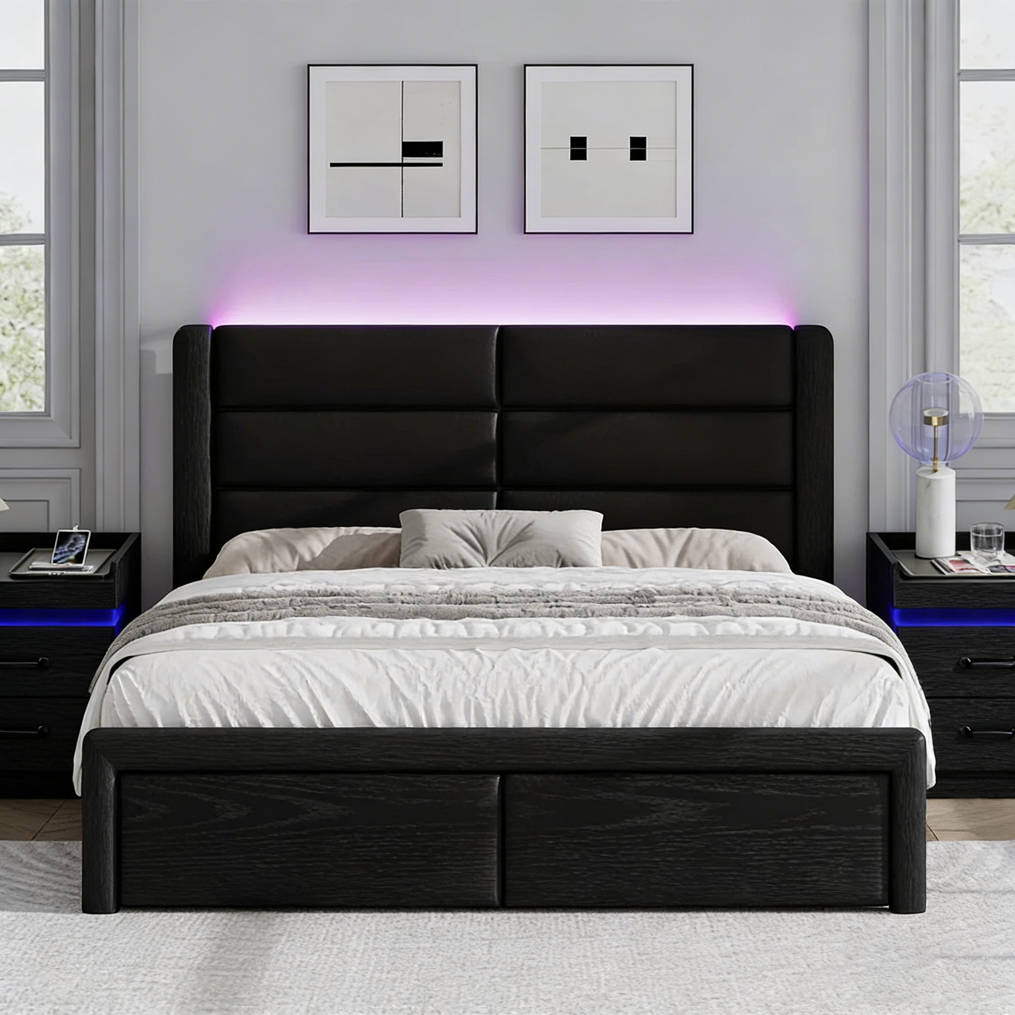 Ebern Designs Faux Leather Upholstered Bed Frame with Headboard + 2 ...