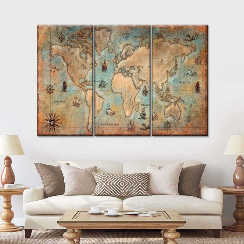 Carte du monde rétro sur 3 pièces, H 20 po x l 33 po