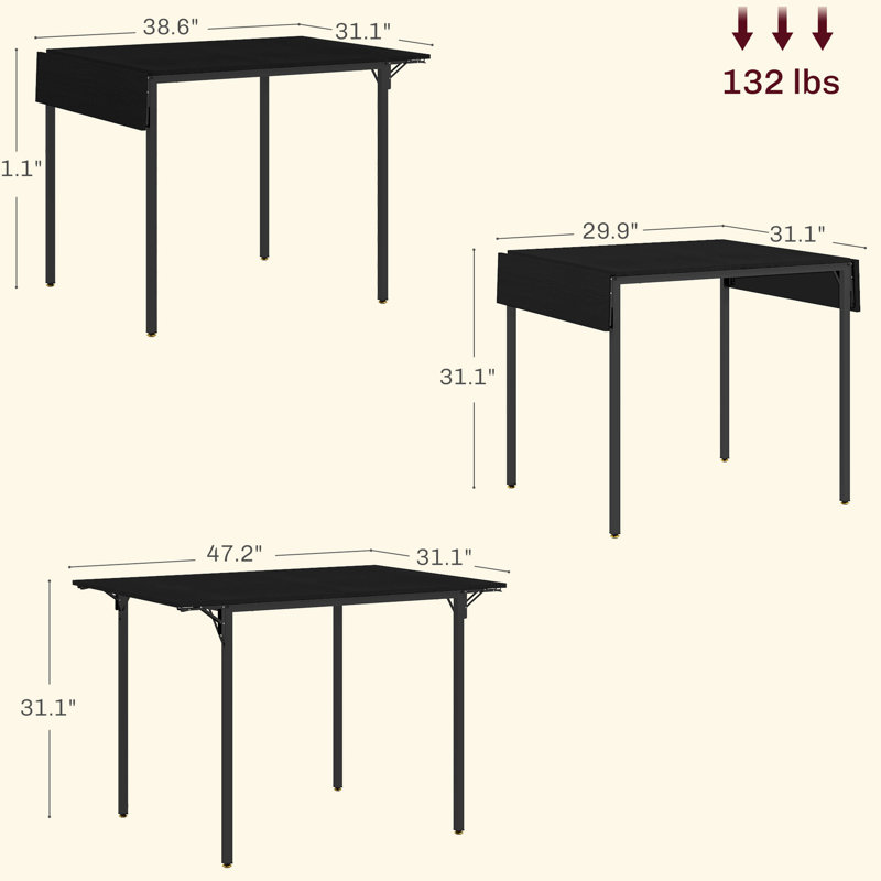 Industrial Folding Dining Table , Space Drop Leaf Design For Small Spaces, Black, Versatile Various Activities Space Saving Table, Black 2-4, Suitable Spaces