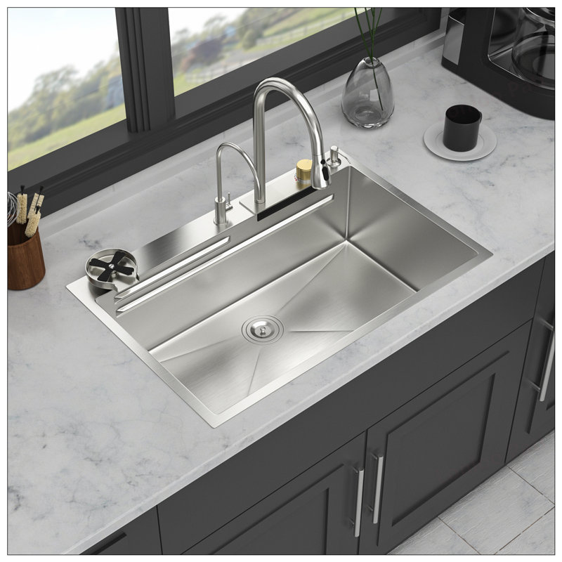 33 Inch Drop-in Waterfall Kitchen Sink with Pull-Out Faucet, Cup Washer, and Accessories for Efficient Cooking and Cleaning