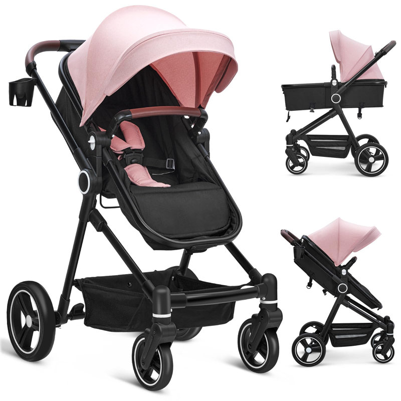 Poussette 2 en 1, siège pour bébé réversible avec poussette pliante avec panier de rangement, siège amovible, porte-gobelet, auvent