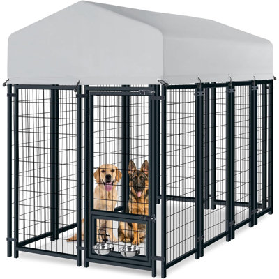 8x4x6FT Metal Yard Kennel With Door, Outdoor Dog Kennel With Roof