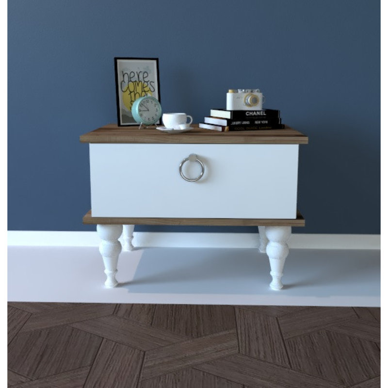 Table de chevet 1 tiroir Curley en blanc / noyer