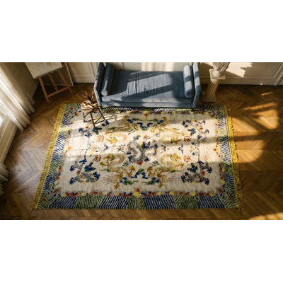 Ivory Background Antique Artistic Chinese Dragon Design Silk Rug