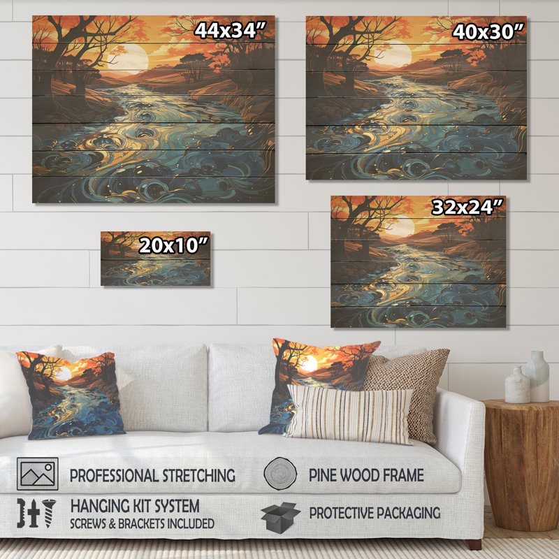 Orange et bleu rivière sereine voyage I - rivière sur bois, H 34 po x l 44 po x P 0,78 po
