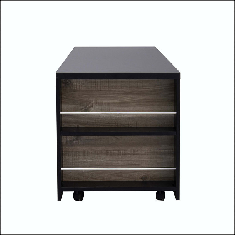 Table basse à plateau relevable Farmhouse avec portes de grange, prise de courant et roulettes, Brown+Black