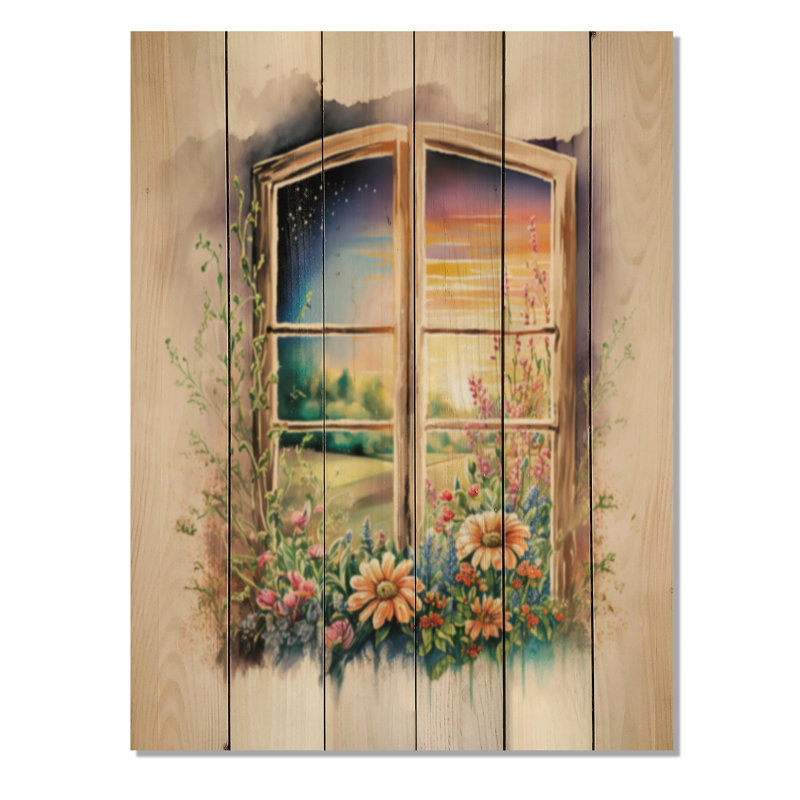 Été coucher de soleil floral fenêtre III sur bois, H 20 po x l 10 po x P 0,78 po