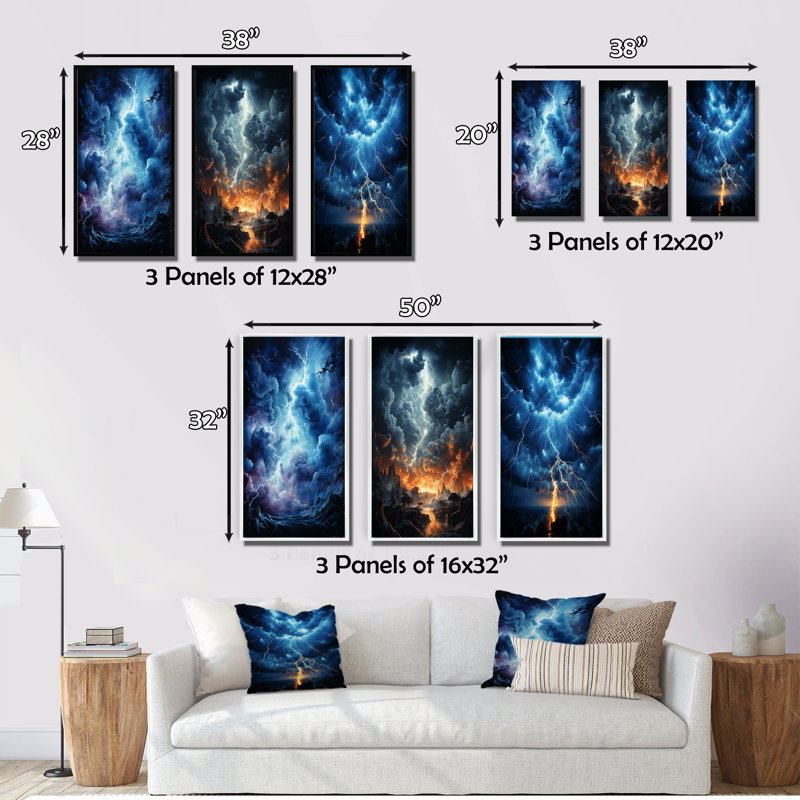 «Lightning Electric Symphony», 3 pièces sur toile, H 28 po x l 36 po, Toile tendue