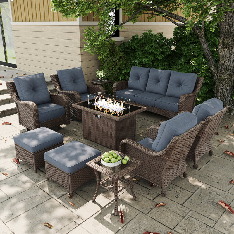 10 Piece Patio Furniture Set With Fire Pit Table, All-weather Wicker Outdoor Conversation Set With Swivel Rocking Chair And 6 Inch Thick Cushions