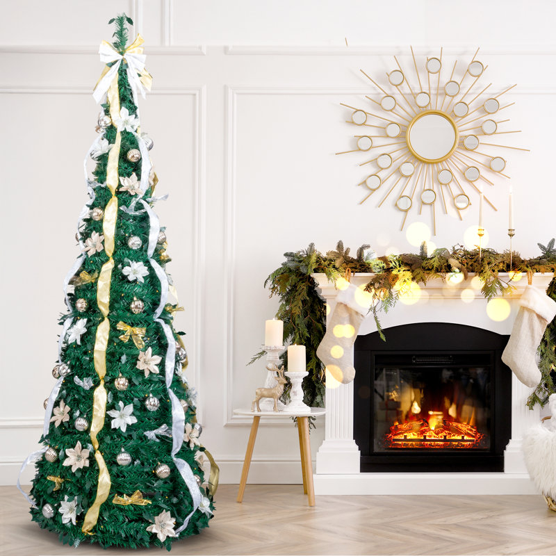Arbre de Noël artificiel escamotable 7 pi, PVC vert, 200 DEL blanc chaud, télécommande, or et argent