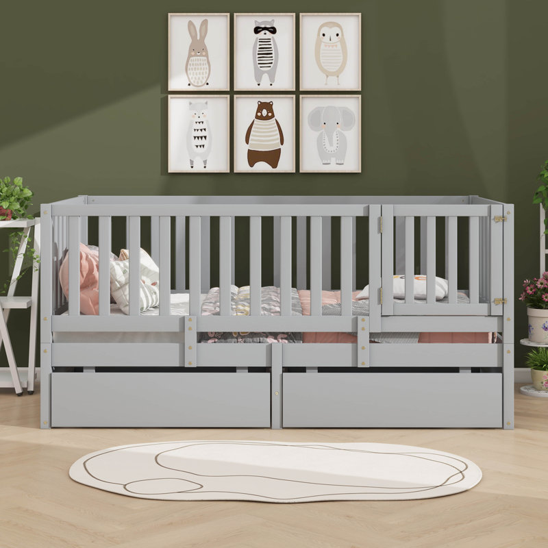 Wooden Daybed Featuring Fence-Style Guardrails And Two Built-In Drawers, Grey, Twin