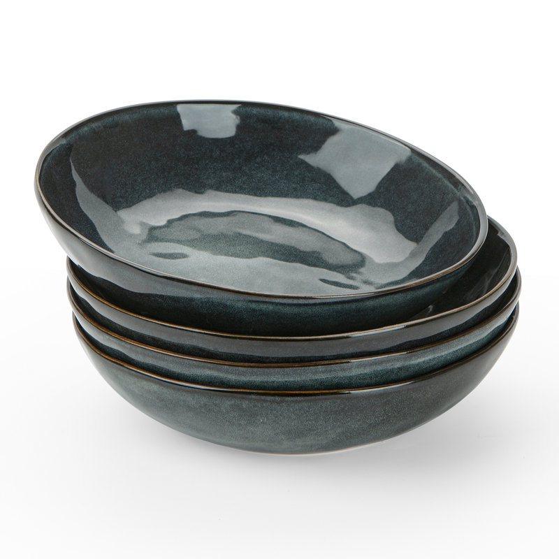 4-Piece Stoneware Pasta Bowl Set- Service For 4, Dark Green