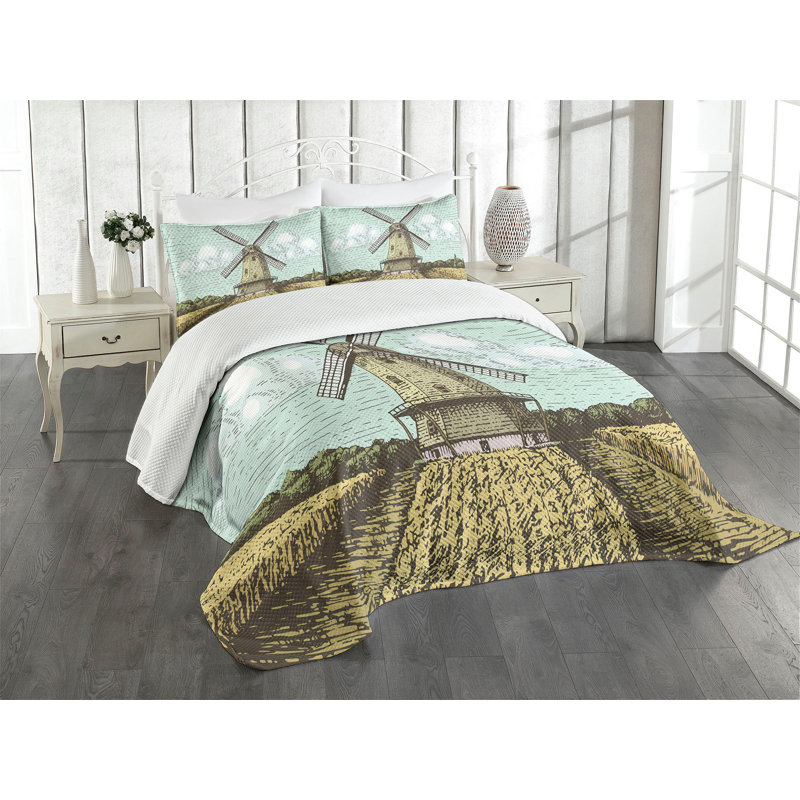 White Quilted Queen Bedspread Set with Windmill Design