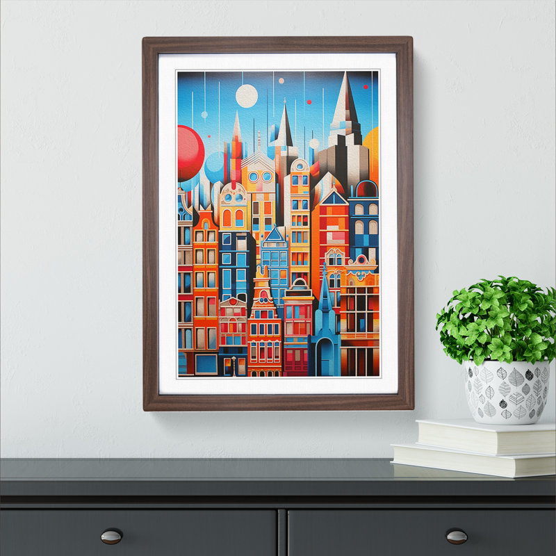 XYZ-FRM-V1223-1797 Amsterdam Geometric - Single Picture Frame Print on Wood, 46cm H x 34cm W x 2cm D, Walnut