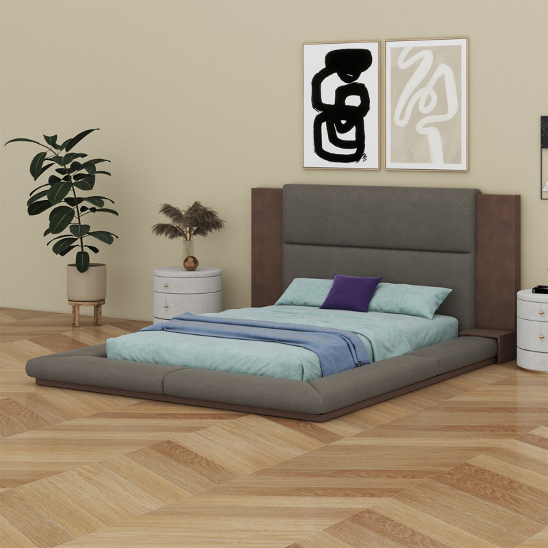 Floor Upholstered Platform Bed With Extended Wood Headboard & Bedside Shelf, Queen