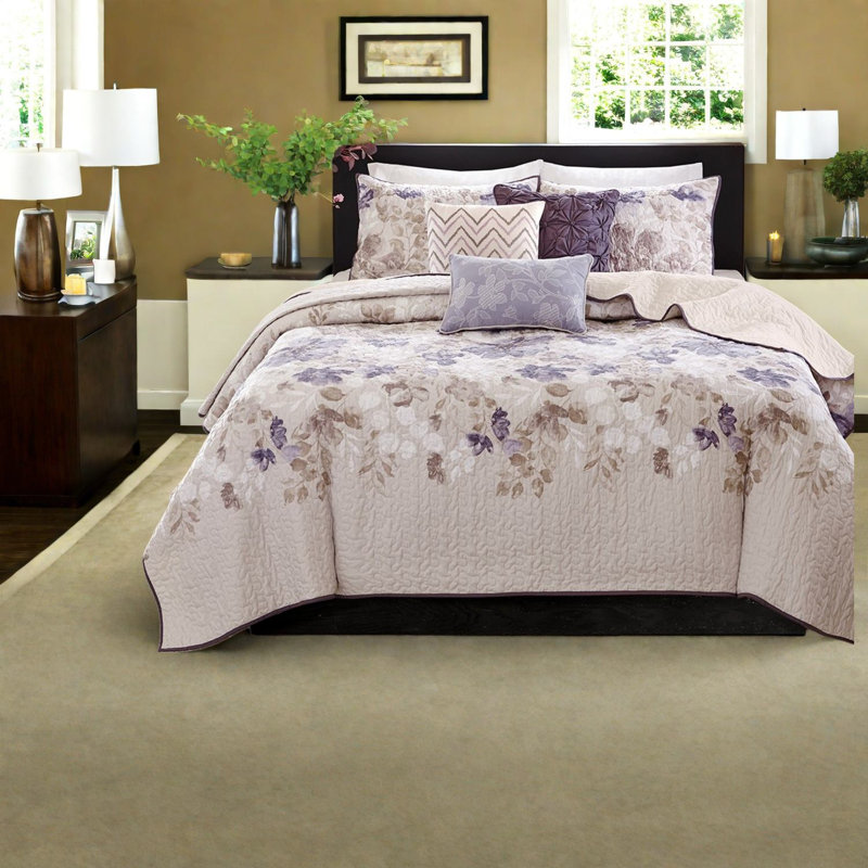 Ensemble de literie réversible 6 pièces, courtepointe en mélange de coton avec coussins décoratifs, style transitionnel pour la maison