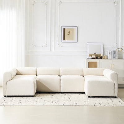 114 po Modulaire en U de 6 pièces avec tissu beige, structure solide, rembourrage de haute résilience, apparence de dossier rond, disposition personnalisable, assemblage rapide pour le tissu du siège