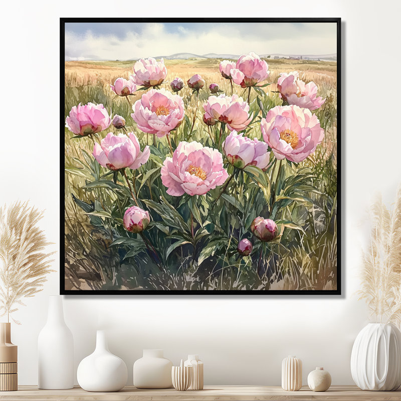 Pivoines par le champ de cultures II - pivoines, art mural, Impression encadrée flottante, Noir, H 16 po x l 16 po