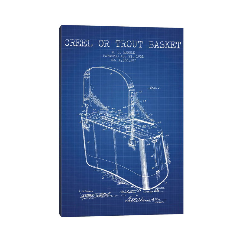 W.L. Marble Trout Basket Patent Sketch (Blue Grid) 1 Piece Wrapped Canvas Wall Art, 20.32 cm H x 30.48 cm W x 1.91 cm D