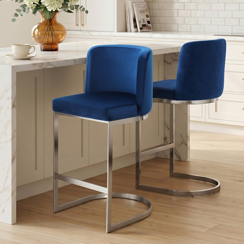Bittencourt 26'' Upholstered Counter Stool, Velvet-Blue, 3