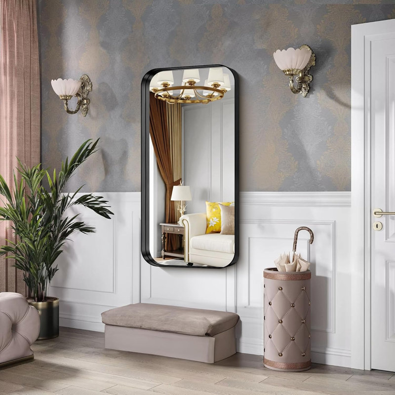 Miroir de salle de bain noir, miroir rectangulaire de 24 po x 48 po avec cadre en métal profond, coin arrondi, verre trempé, grand miroir mural, sur 2 lavabos, installé verticalement / horizontalement, transparent