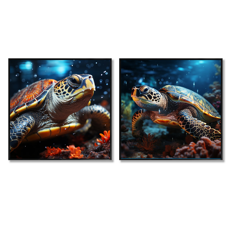 «Abstract Swim - Turtle», ensemble de 2 collages carrés, Cadre flottant noir, H 16 po x l 33 po