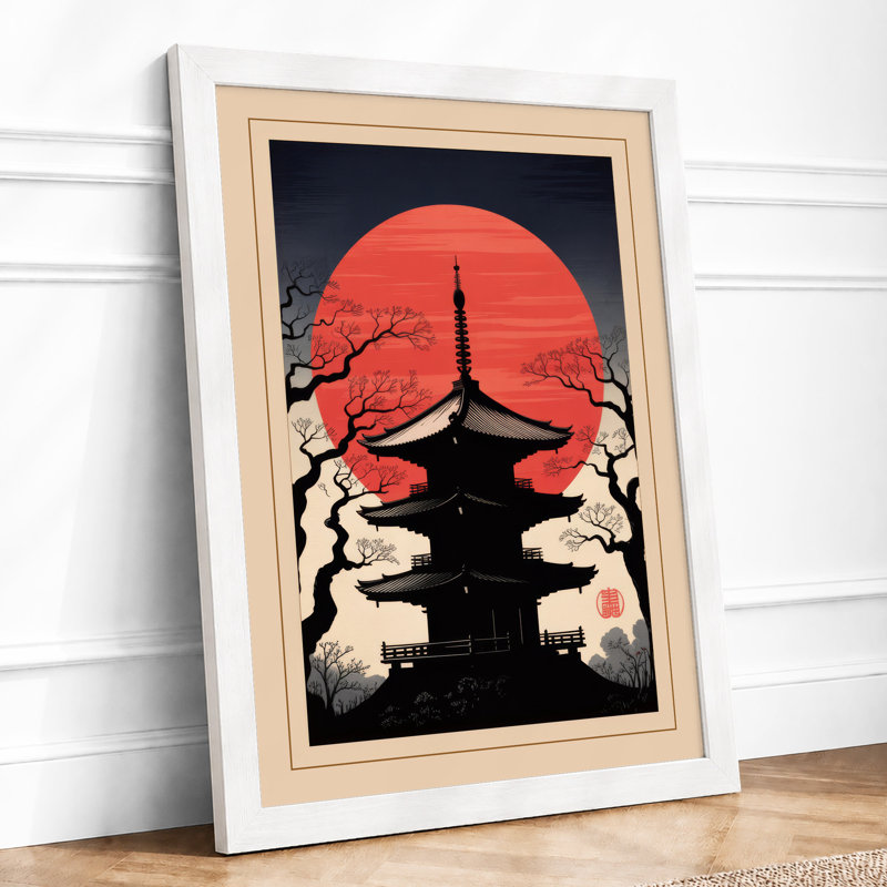 Pagoda at Sunset Japandi - Framed Print, A3 - 42.0 x 29.7 cm, White
