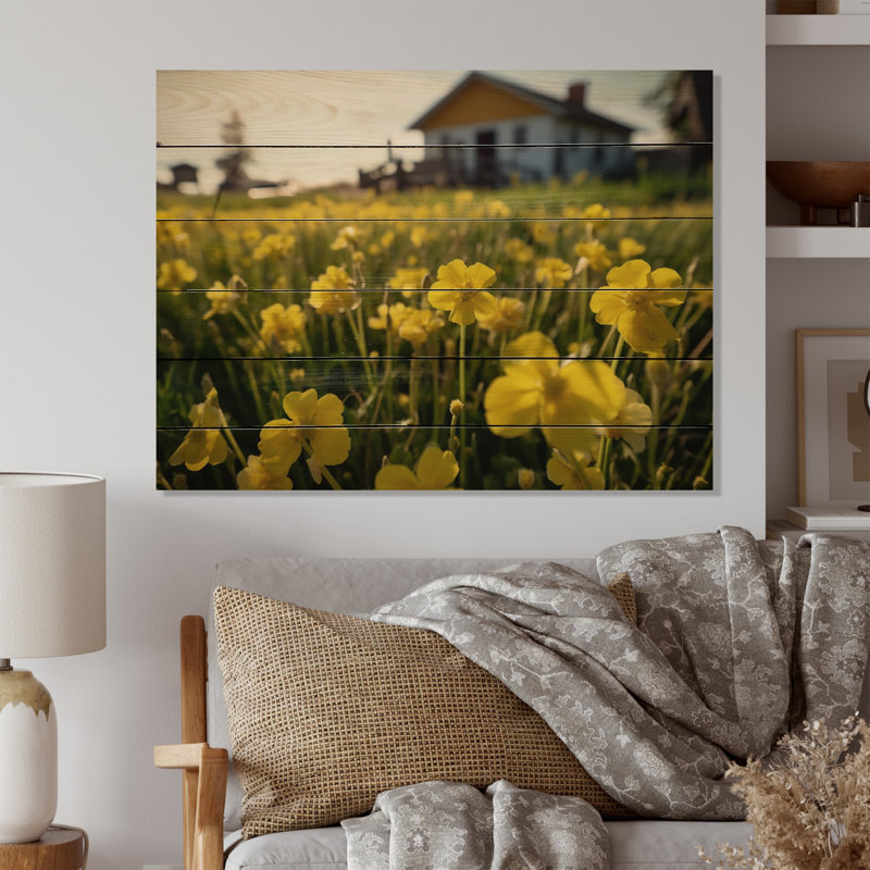 Bouton d'or jaune à la ferme I sur bois, H 10 po x l 20 po x P 0,78 po