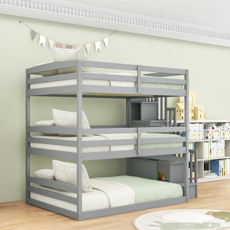 Triple Bunk Bed With Storage Staircase, Gray