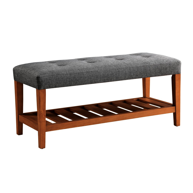 Gray Fabric And Oak Finish Comfortable Seat - 40"W X 16"D 18"H Padded Bench Practical Storage Solution & 40"X16" Design Option