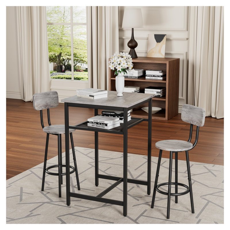Ensemble de table de bar à hauteur de comptoir gris avec 2 tabourets de bar, Métal métal, Gris / Noir