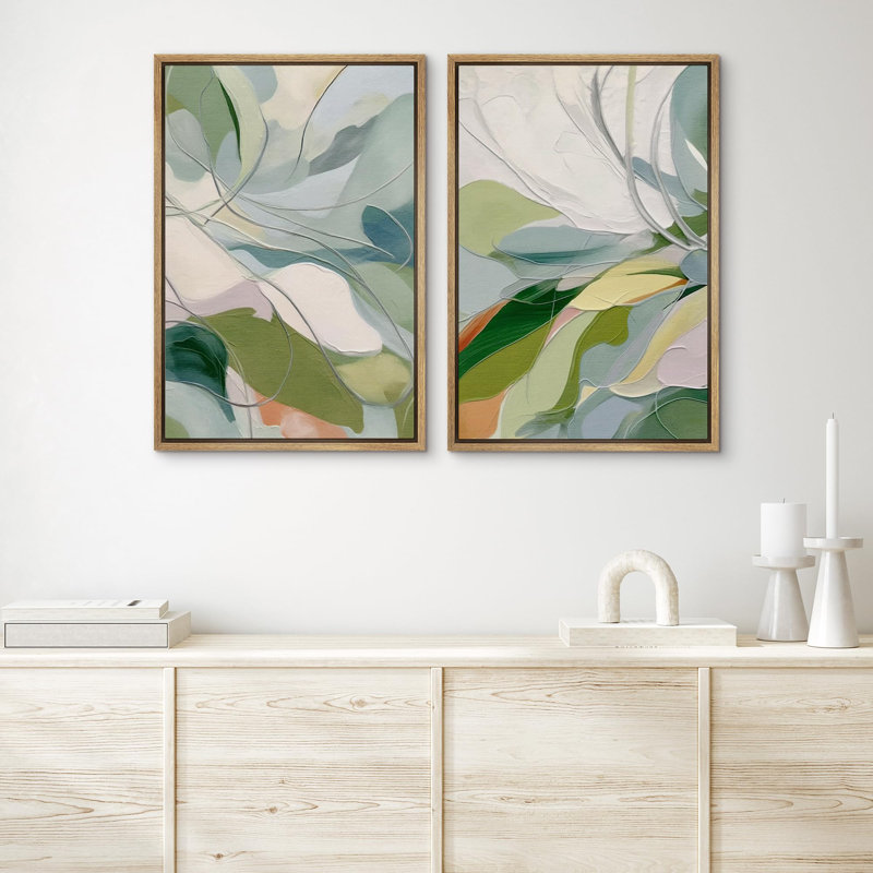 Green Calm Relax Abstract Floral Botanical - Framed Canvas Master Bedroom Wall Art 2 Pieces Print, 36" H x 24" W, Natural