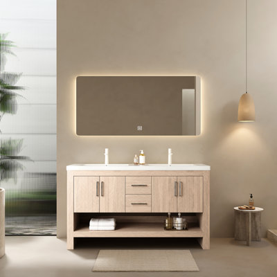 Meuble-lavabo pour salle de bain 60 po, 2 lavabos, acrylique, contreplaqué, chêne, 4 portes, tiroirs, pré-assemblé, meuble-lavabo exalté, lavabos, lavabo en acrylique, tablette ouverte en contreplaqué, procédure d'assemblage simple et blanche