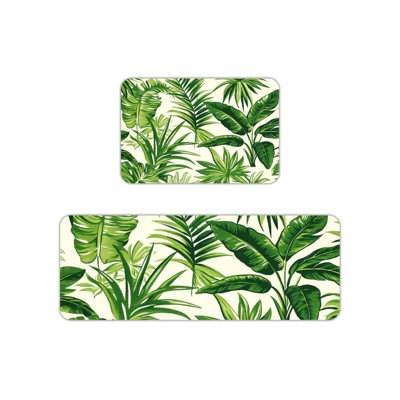 Green Tropical Leaf Kitchen Mats, Set of 2, for Kitchen & Bathroom
