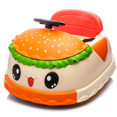 Voiture de tour électrique 12V pour enfants avec contrôle des parents, conception de hamburger mignon et réaliste, rotation de 360 degrés, espace de rangement, Bluetooth, musique, USB, roue silencieuse, lumières DEL, affichage de puissance, anti-retournement pour 2-5