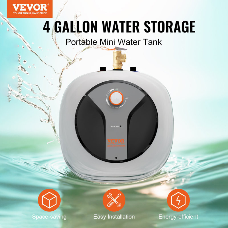 Mini chauffe-eau électrique, réservoir de 4 gallons, chauffe-eau de 1440 W, soupape de sûreté à température de sécurité, installation facile, pour salle de bain Kichen, tablette murale
