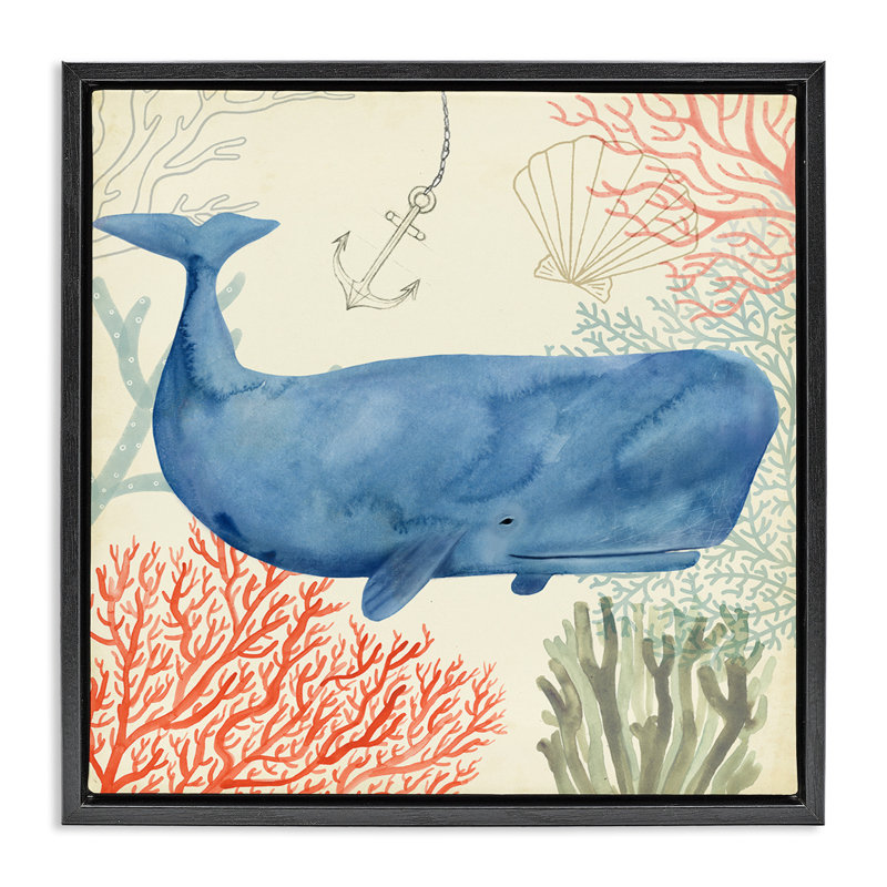 Aquarelle de baleine fantaisiste sous l'eau, Cadre flottant noir de jais, H 25 po x l 25 po