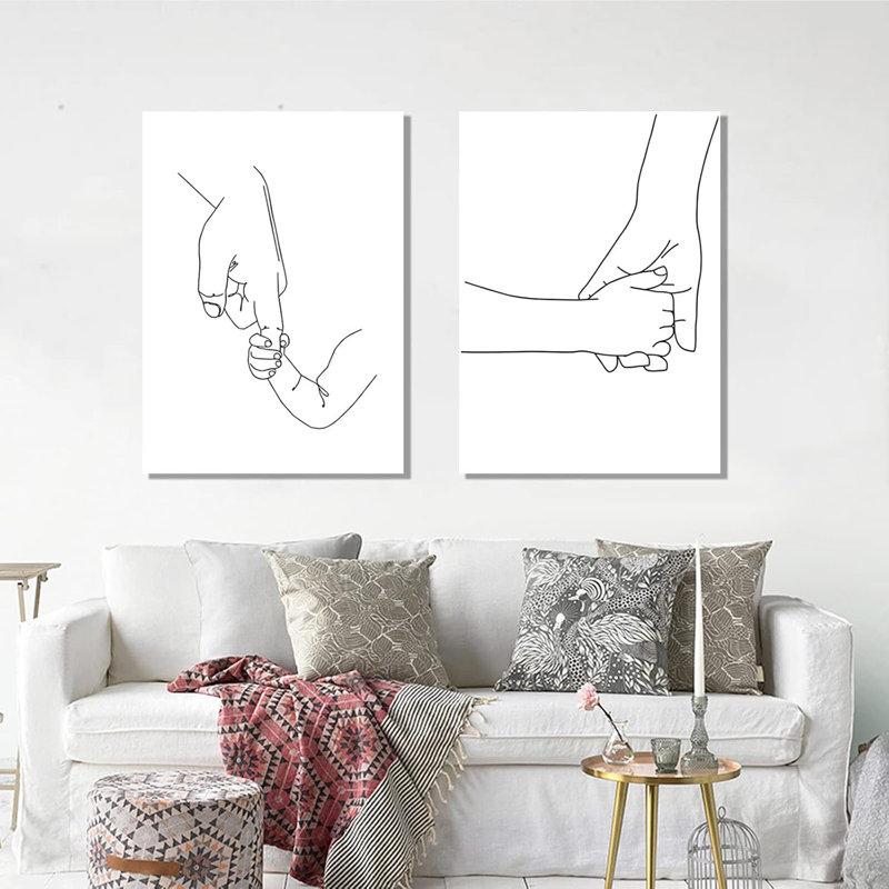 Mom & Baby Hands Line Art Prints Fashion Women Art Print Newborn Gifts Line Prints for Wall Decor Black And White Line Art Wall Decor Family Love Canvas Wall Art for Nursery Kids Room Decor Wrapped Canvas