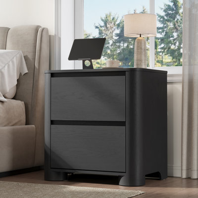 Nightstand with Charging Station, 23.6" Modern End Table with Sturdy Thickened Base for Bedroom Living Room, Black