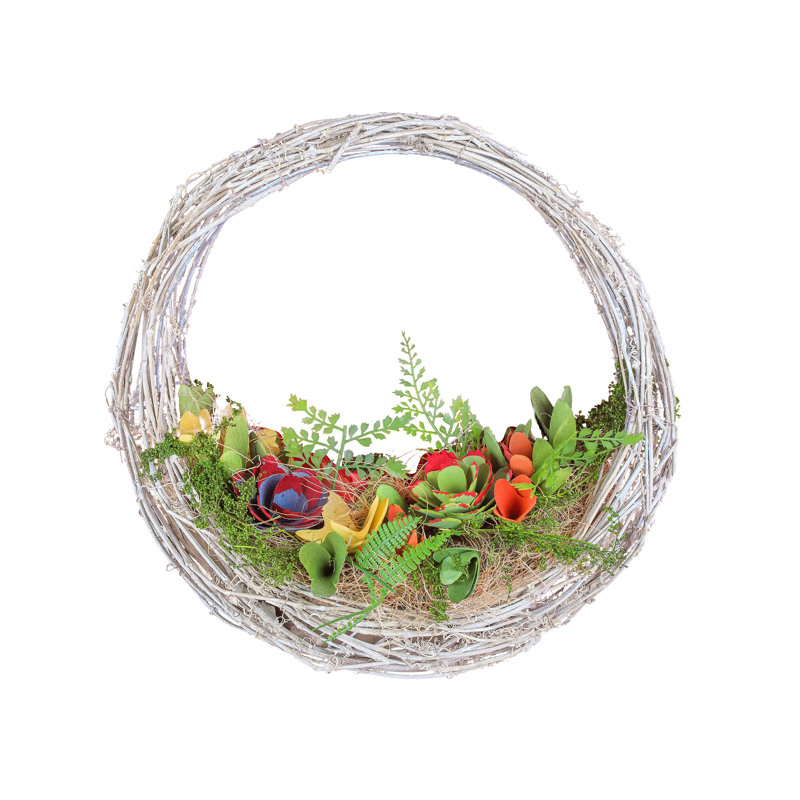 15 inch Spring Wreath with Multi Floral Colorful Wood Flowers and Mossy Greenery, Hammock Wreath, Realistic Floral Decoration for Front Door or Indoor Décor